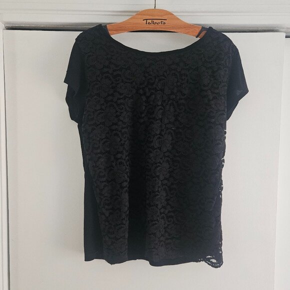 New York & Company Black Short Sleeve Lace Overlay Zip-up Large Shirt - Picture 1 of 6